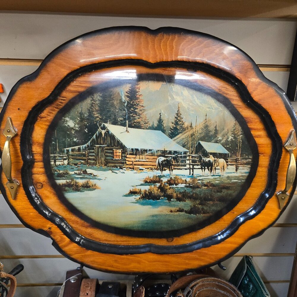 Wood Winter Horse Farm Barn vintage serving tray, platter, or rustic wall decor